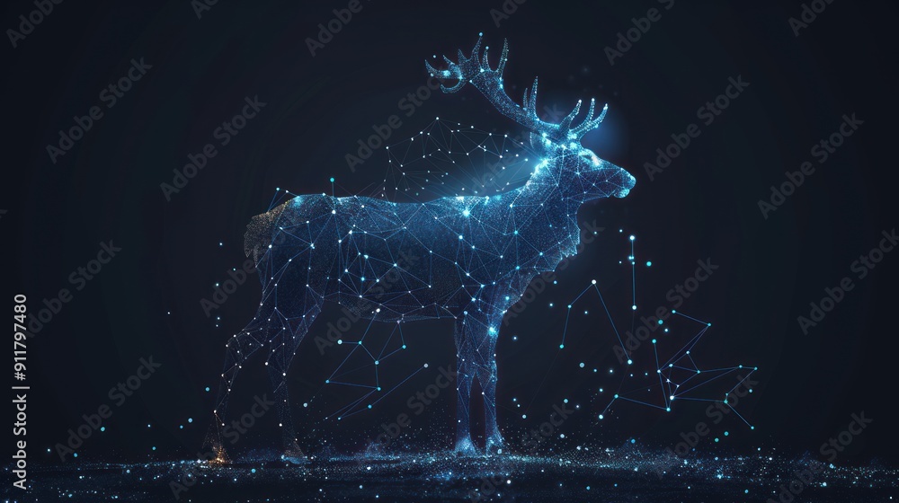 Wall mural abstract glowing blue digital reindeer in dark background, christmas or winter holiday theme, low po