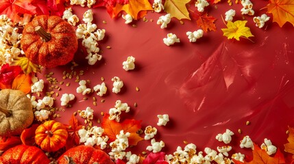 Minimal flat lay thanksgiving background with glitter pumpkins, red and yellow leaves, and popcorn kernels. generative ai