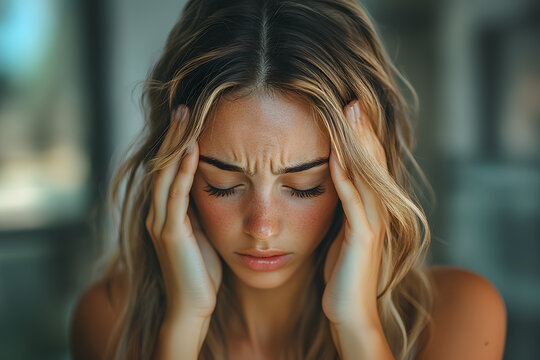 Woman Holding Head in Pain Relief Pose Depicting Headache or Stress