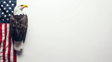 Photo Of Bald Eagle Next To American Flag On White Background, Side View, Copy Space For Text Banner.
