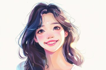 華やかな若い日本人女性のイラスト（若者・10代・20代・モデル・微笑み・背景なし・白背景）