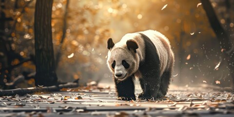 Giant Panda strolling on wooden surface