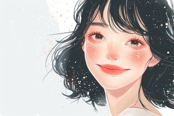 華やかな若い日本人女性のイラスト（若者・10代・20代・モデル・微笑み・背景なし・白背景）