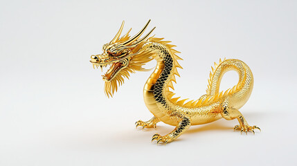 Obraz premium Golden Chinese Dragon, 3d Rendering, White Background, Studio Lighting. High Resolution, High Detail, Minimalist Display. 