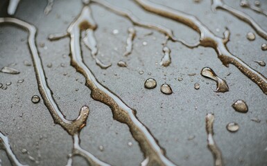 exposure of chaotically located and flowing drops of honey on a grey background