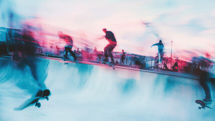 Blurred abstract scene of a skate park with skateboarders in motion under colorful lighting