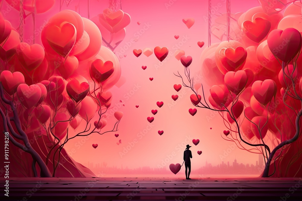 Wall mural free digital art many cartoon heart floating in the sky