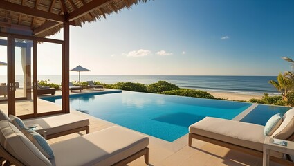 Obraz premium stunning bungalow on the beachfront, with pool overlooking the ocean and comfortable outdoor furniture.