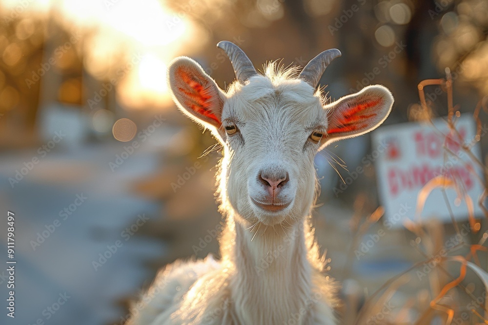 Poster a goat with a curious expression. ai.