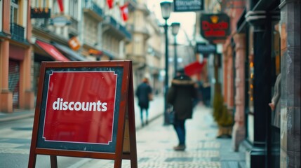 A sturdy, portable A-frame sidewalk sign with "discounts" written in bold letters