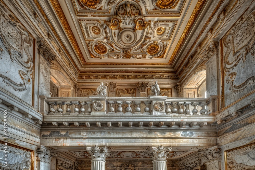 Poster a spacious room with columns and a clock on the wall, perfect for use in interior design, architectu