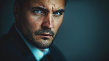 Obraz premium A man with a serious expression looks directly at the camera. AI.