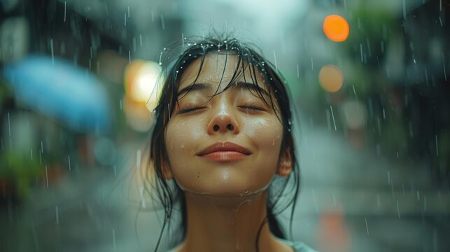 A woman smiles as rain falls on her face. AI.