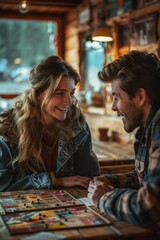 Fototapeta premium A couple smiles at each other while playing a board game. AI.