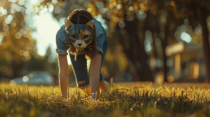 Teenage girl wearing costume of cat plays on grass, therian child in mask walks like animal in summer. Concept of furry, fitness, fandom, nature, subculture, character