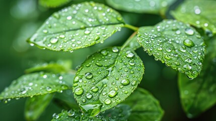 Dew Drops on Lush Green Leaves
