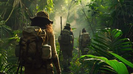 People walk in jungle, raiders of lost city in rainforest, fantasy scene in wild forest like in adventure movie. Concept of explore, travel, journey