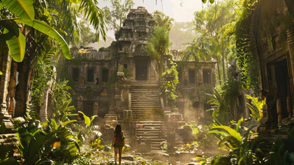 Person looks at lost city in jungle, woman raider walks to ancient temple in rainforest, fantasy scene in wild forest. Concept of adventure, people, explore, travel, journey