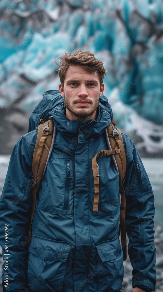 Canvas Prints A man in a blue jacket with a backpack stands in front of a glacier. AI.