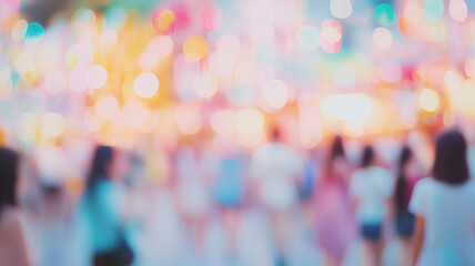 Colorful blurred scenes of a bustling festival with crowds enjoying vibrant lights and festivities