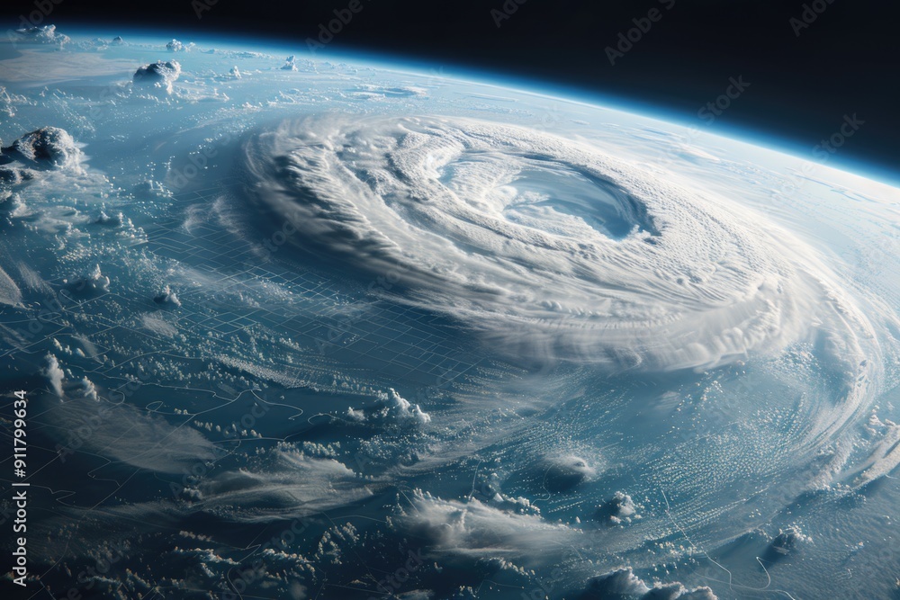Poster a view of the earth from space with a hurricane visible in the background