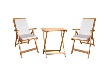 Fototapeta premium wooden table and chairs with soft cushions isolated on a white background
