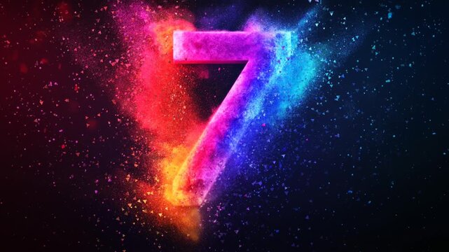 Letter number 7 colorful 3d neon art with multicolor powder splash on behind with the dark background
