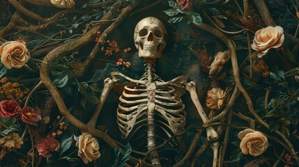 Skeletons blending into natural settings, such as bones intertwined with branches or surrounded by floral patterns