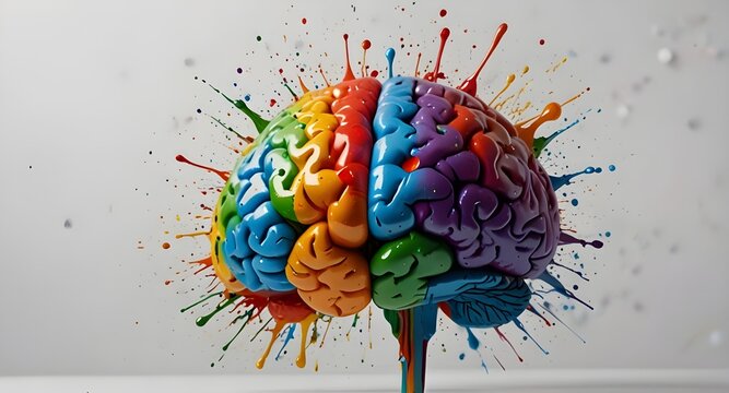 draw brain concept with bright colorful are arranged in row on blur colorful background.