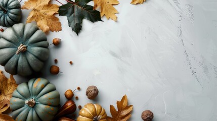 Minimal flat lay thanksgiving background with green pumpkins, golden leaves, and chestnuts. generative ai