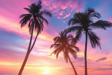 Obraz premium majestic coconut palm trees silhouetted against vivid sunset sky fronds swaying in tropical breeze isolated on white background