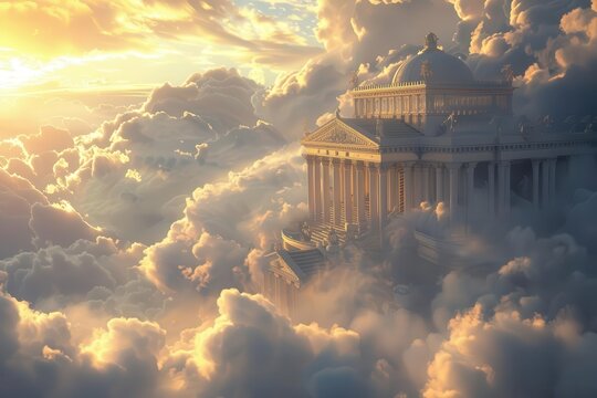 majestic fantasy palace atop mount olympus surrounded by swirling clouds ethereal light mythical architecture godly ambiance celestial details