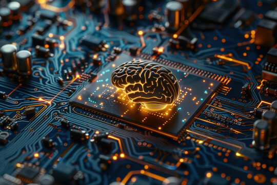 Glowing brain on computer motherboard with a central microchip, symbolizing artificial intelligence and advanced computing capabilities. AI technology