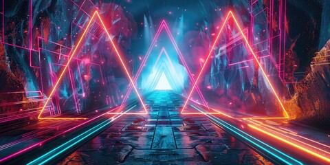 Neon triangles glowing on a stone path.