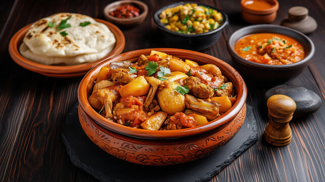 Traditional Moroccan food Tangia. An earthenware pot holds a stew of vegetables and meat, typically lamb, seasoned with spices and garnished with fresh herbs.