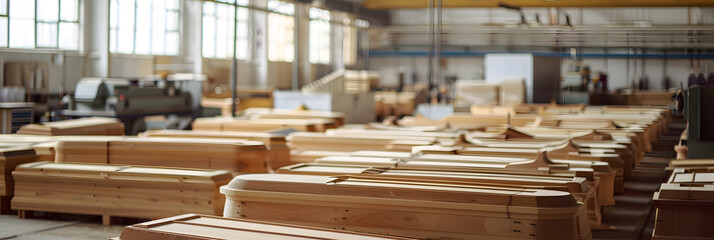 Mass production of wooden coffins in a huge factory. All coffins are the same shape and size. Photorealism. Minimalism