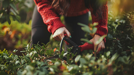 Fototapeta premium A woman using pruning shears to shape a bush