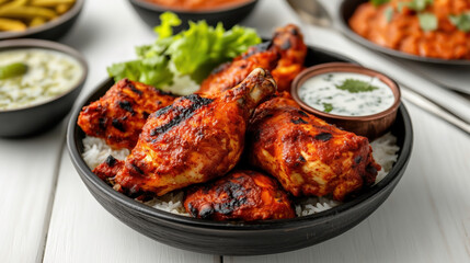 Traditional Indian food Tandoori Chicken features marinated and grilled chicken pieces. The dish is served on a bed of rice with a side of green garnish and a bowl of yogurt sauce.