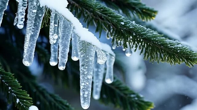 Icicles Hanging from Snow-Covered Pine Branch - winter, cold, nature, ice, frozen, seasonal