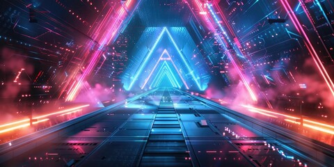 Neon lights illuminate a futuristic pathway.