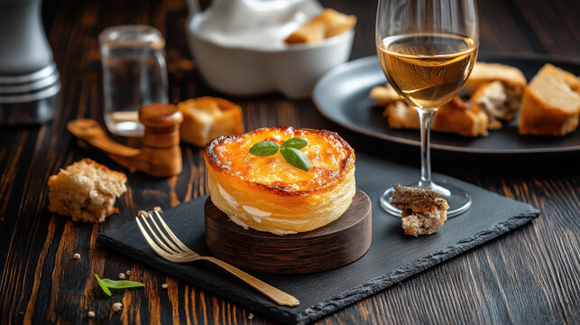 Traditional Portuguese food Queijada. A small pastry with a golden brown crust and creamy filling, garnished with fresh herbs, served with bread and a glass of wine.