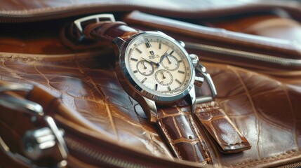 Fototapeta premium A stylish chronograph watch lies atop a luxurious leather bag, showcasing fine craftsmanship and rich materials