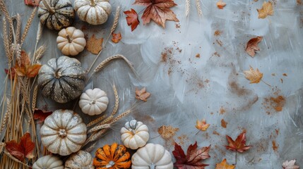 Minimal flat lay thanksgiving background with large pumpkins, mixed fall leaves, and wheat. generative ai