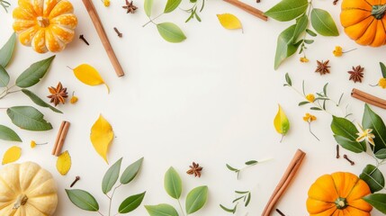Fototapeta premium Minimal flat lay thanksgiving background with mini pumpkins, yellow and green leaves, and cinnamon sticks generative ai