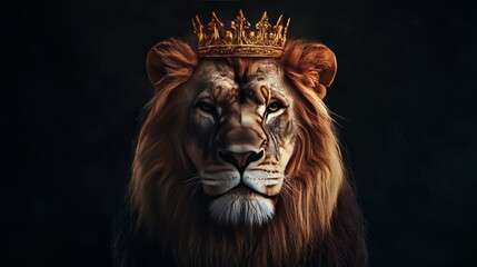 Fototapeta premium big lion with a golden crown on his head, courage and bravery, the crown represents leadership, power, and dominance, dark background, 16:9