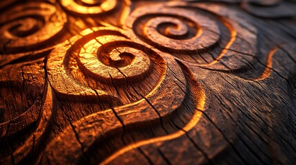 A close-up shot showcasing the intricate and detailed carvings on a piece of ironwood. The warm, glowing light highlights the craftsmanship and beauty of the wooden artwork