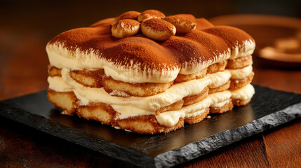 Traditional Italian food Tiramisu. This layered dessert features ladyfingers soaked in coffee, layered with mascarpone cheese, and dusted with cocoa powder on top.