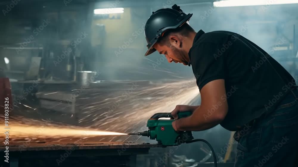 Aufkleber worker using angle grinder in industrial workshop during daytime generative ai