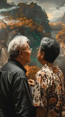 Fototapeta premium An elderly couple observes beautiful artwork depicting nature in a gallery during their afternoon outing