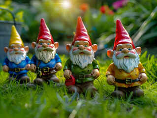Obraz premium Group of colorful gnomes on green grass